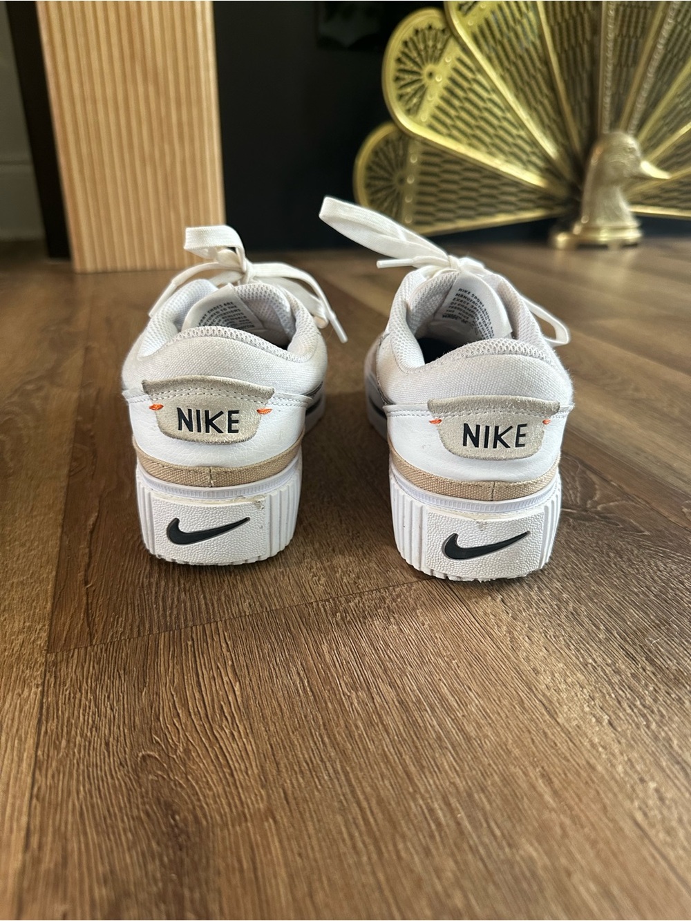 Nike Court Legacy Lift White Sneakers with Black Swoosh and Tan Stripe - Picture 4 of 8